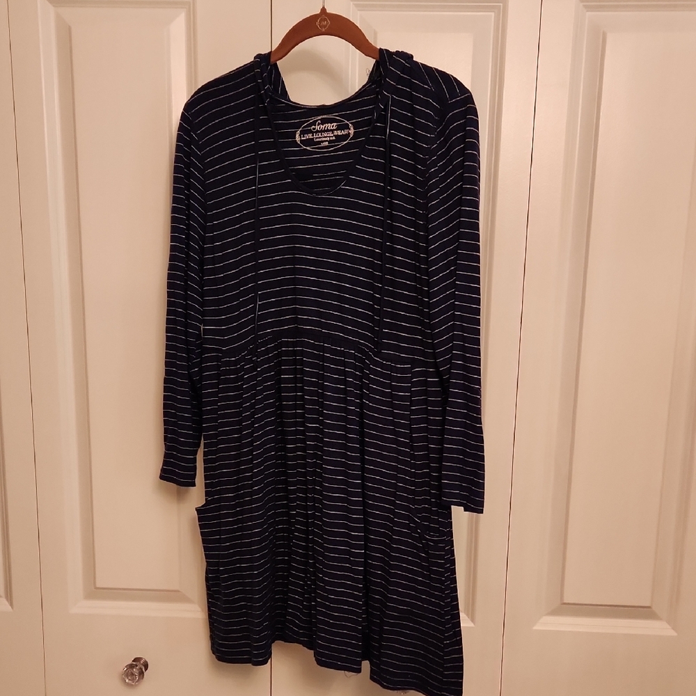 Soma Navy and Silver Striped Mini Dress/Tunic with Pockets & Hood